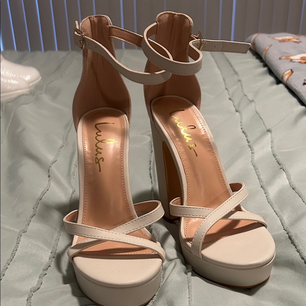 Lulu's Cream Strappy Platform Heels